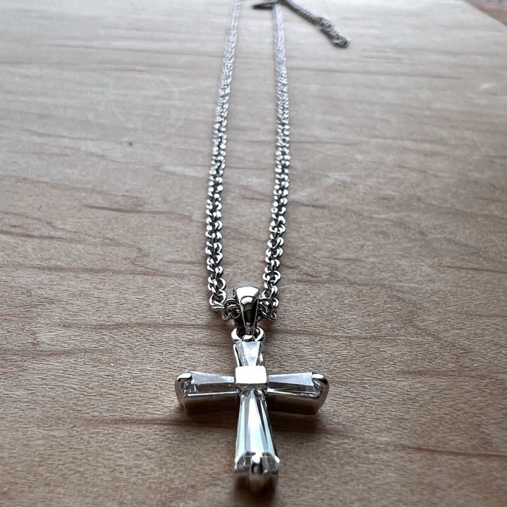 Lia Sophia “Blessings” Cross Pendant/Necklace. CZ with silvertone finish.